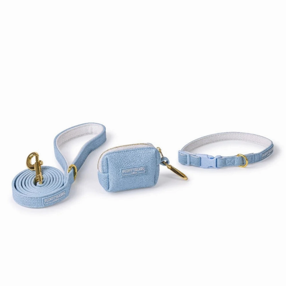 Baby Blue Vegan Leather Harness, Dog Collar, Lead and Poo Bag Holder Complete Set