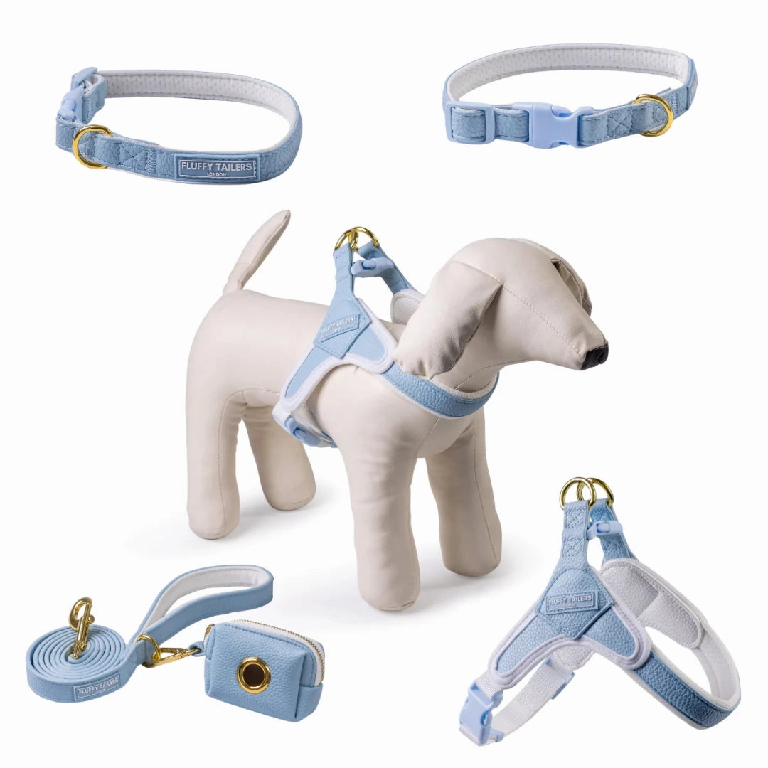 Baby Blue Vegan Leather Harness, Dog Collar, Lead and Poo Bag Holder Complete Set