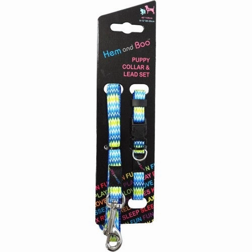 Blue Zig Zag Puppy Collar And Lead Set by Hem And Boo