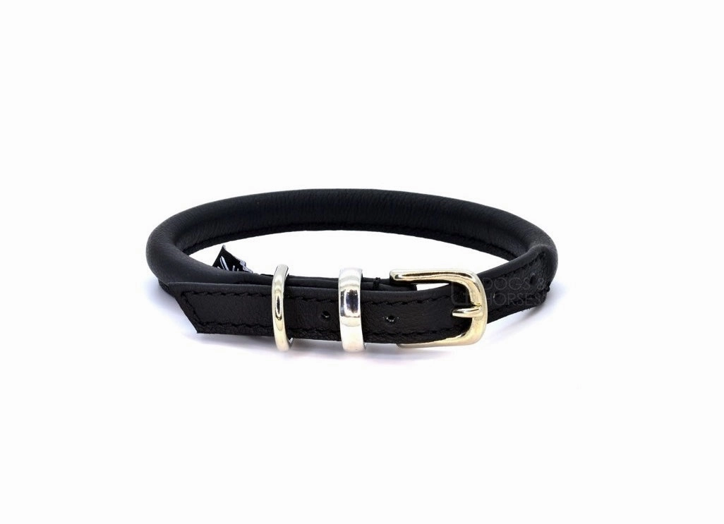 Dogs & Horses Rolled Leather Dog Collar and Lead Set Black With Chrome