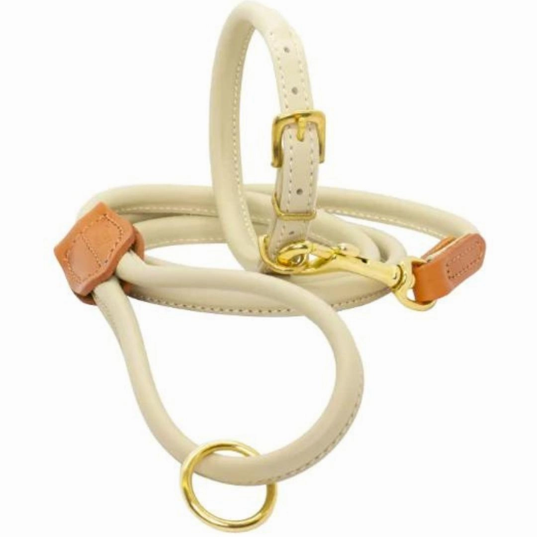 Dogs & Horses Rolled Leather Dog Collar Cream