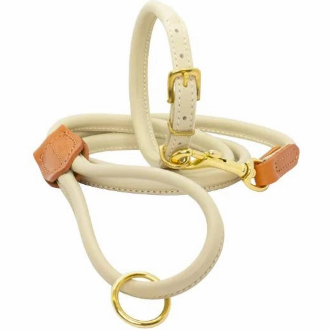 Dogs & Horses Rolled Leather Dog Collar Cream