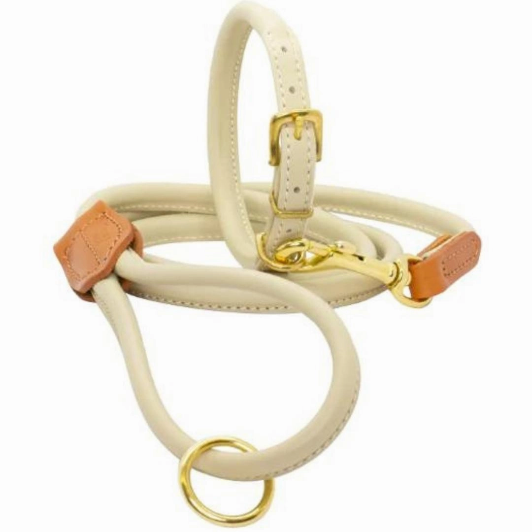 Dogs & Horses Rolled Leather Dog Collar Cream