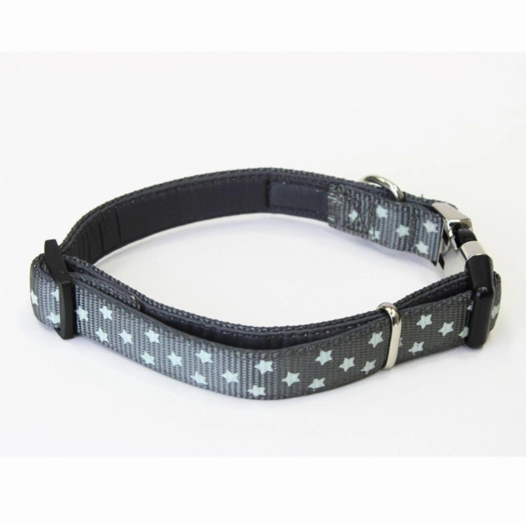 Doodlebone Padded Dog Collar - Grey Stars Glow In The Dark