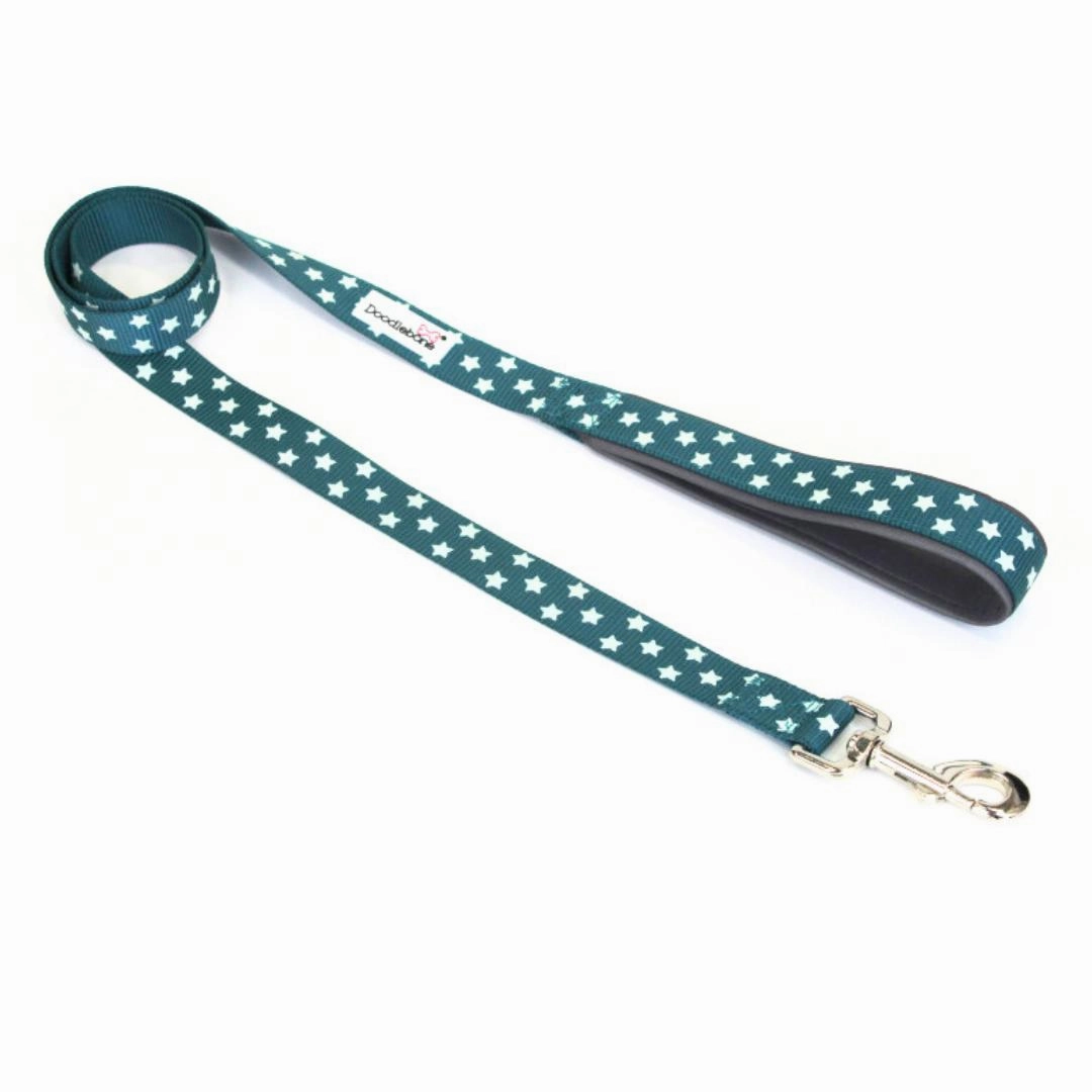 Doodlebone Padded Dog Collar - Teal Stars Glow In The Dark