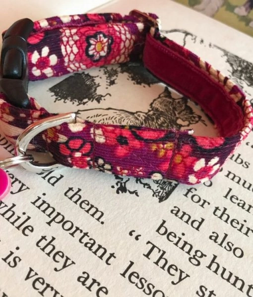 Floral Handmade Corduroy Dog Collar in Plum or Ruby
