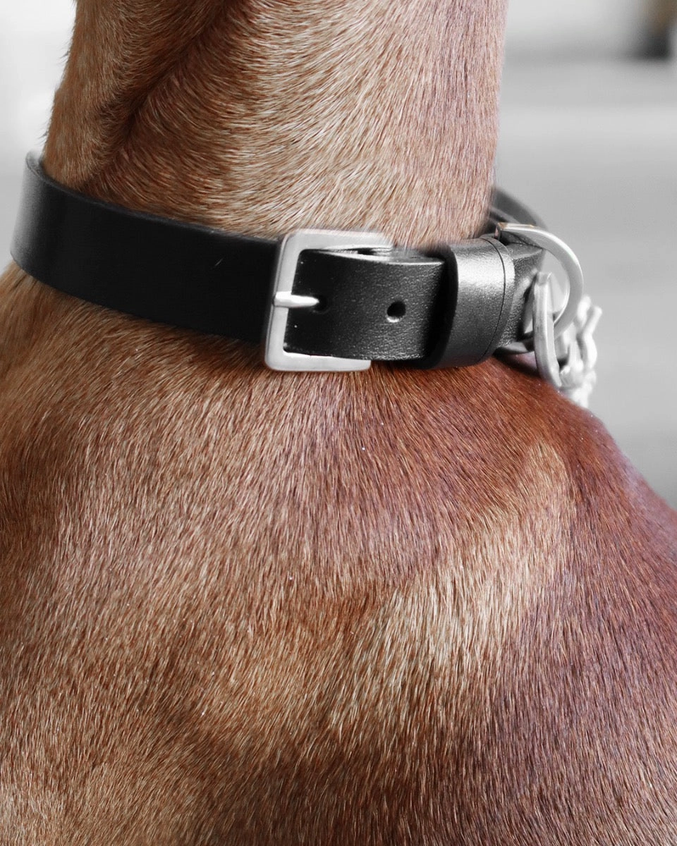 Kullo Natural Italian Black Leather Dog Collar by Labbvenn