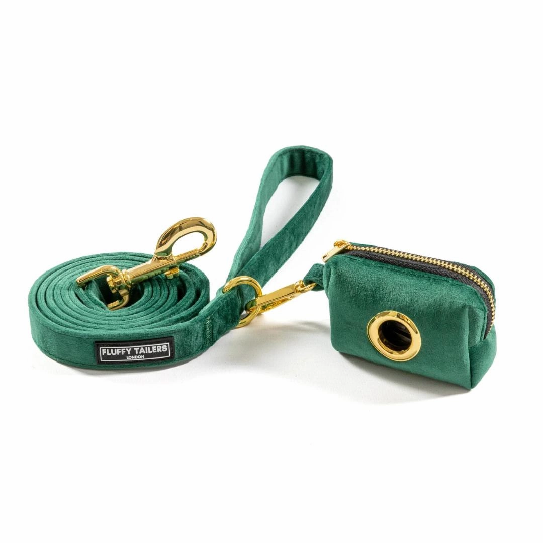 Luxury Emerald Green Velvet Harness, Dog Collar And Bow Tie, Lead and Poo Bag Holder Complete Set
