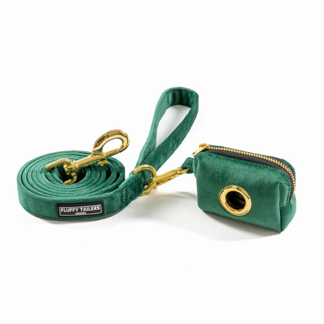 Luxury Emerald Green Velvet Harness, Dog Collar And Bow Tie, Lead and Poo Bag Holder Complete Set