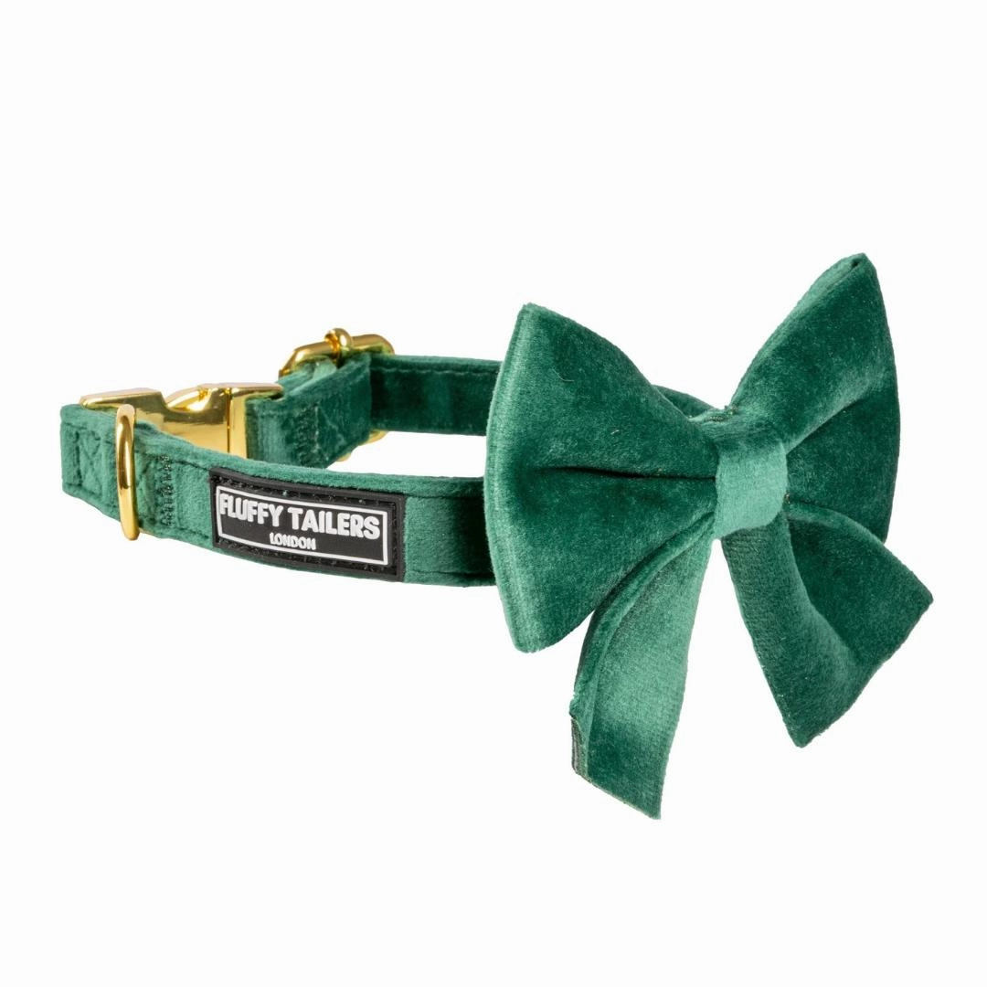 Luxury Emerald Green Velvet Harness, Dog Collar And Bow Tie, Lead and Poo Bag Holder Complete Set