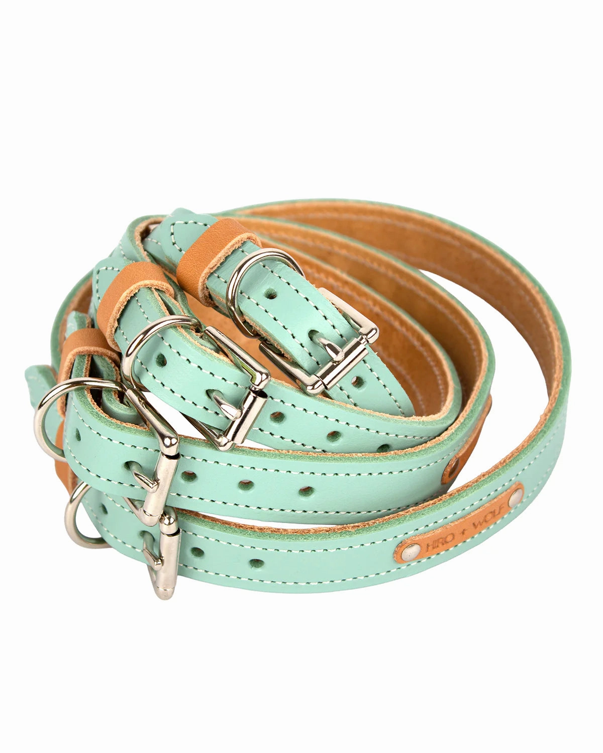 Luxury Leather Duo Tone Studded Dog Collar In Mint & Tan