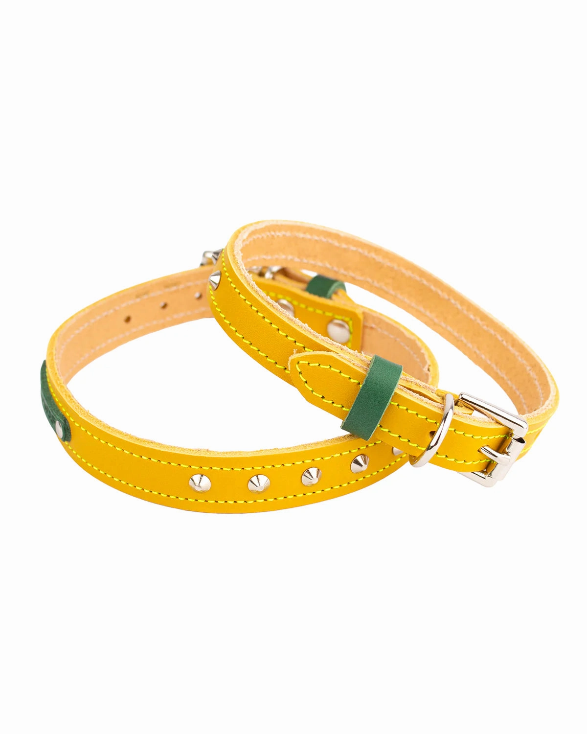 Luxury Leather Duo Tone Studded Dog Collar In Yellow & Green