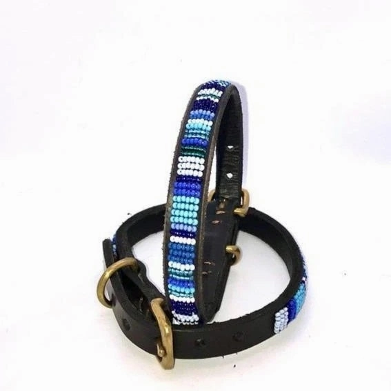 Luxury Masai Beaded Leather Dog Collars In Blue