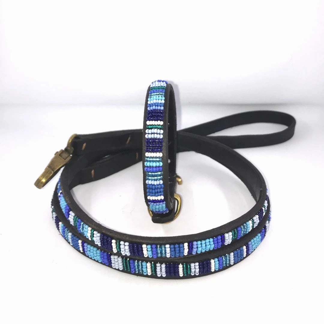 Luxury Masai Beaded Leather Dog Collars In Blue