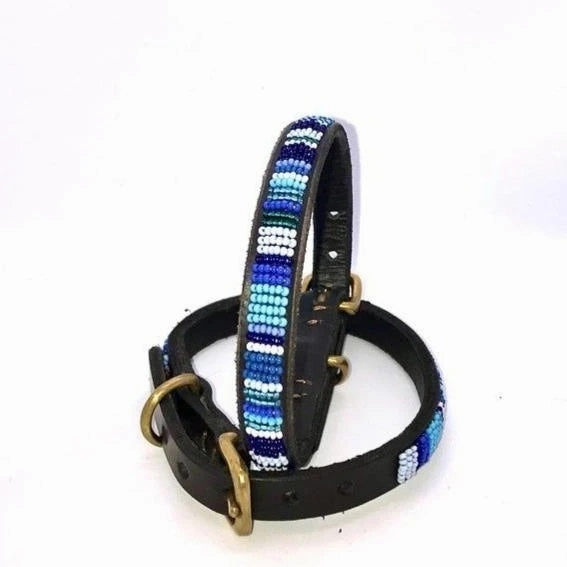Luxury Masai Beaded Leather Dog Collars In Blue
