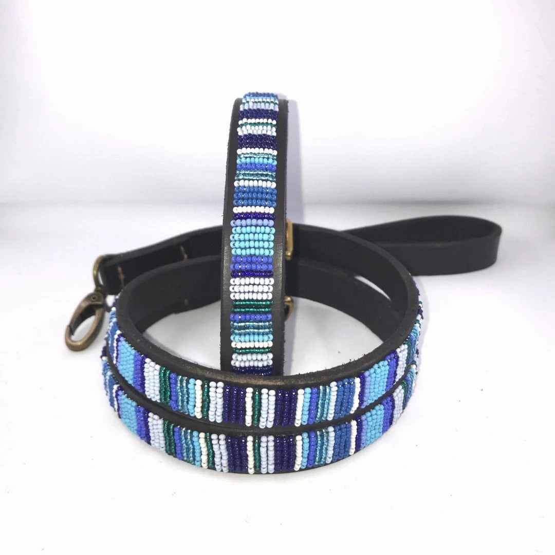 Luxury Masai Beaded Leather Dog Collars In Blue