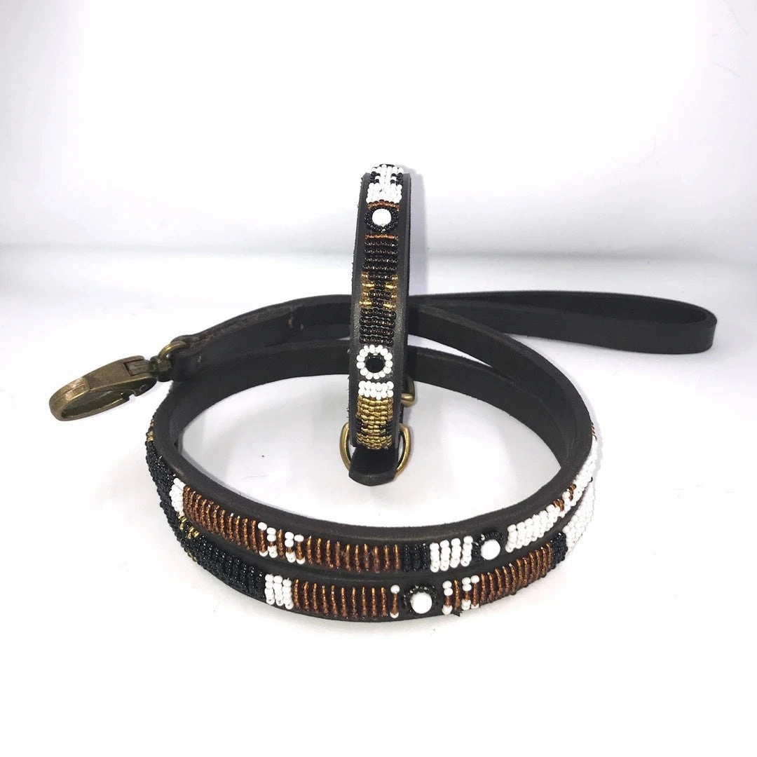 Luxury Masai Beaded Leather Dog Collars In Earth