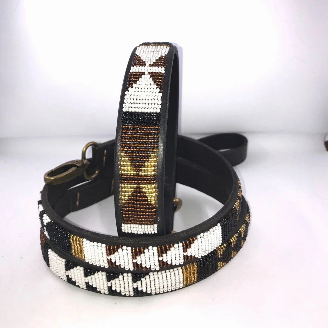 Luxury Masai Beaded Leather Dog Collars In Earth