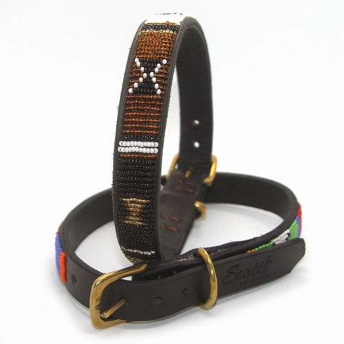 Luxury Masai Beaded Leather Dog Collars In Earth