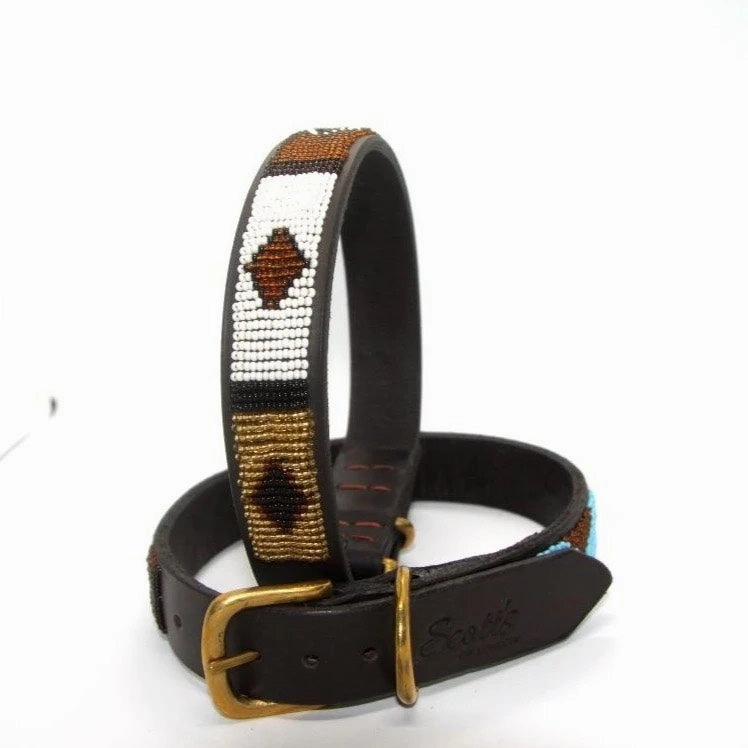 Luxury Masai Beaded Leather Dog Collars In Earth