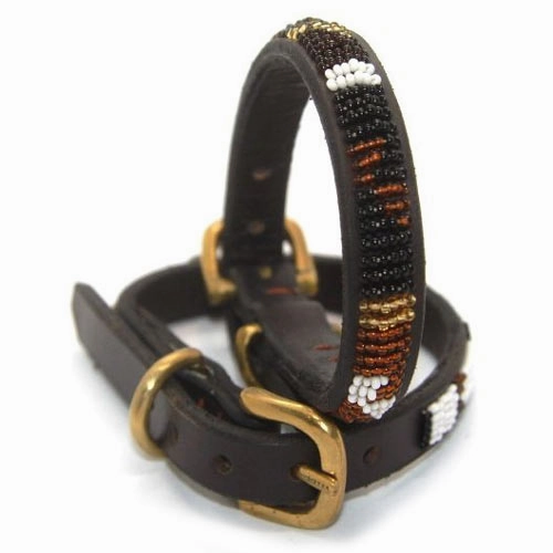 Luxury Masai Beaded Leather Dog Collars In Earth