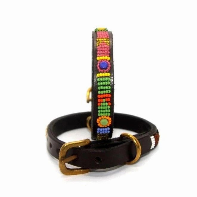 Luxury Masai Beaded Leather Dog Collars In Pastel