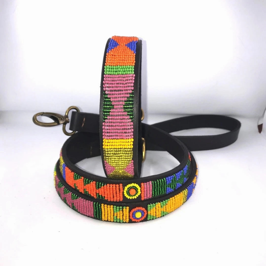 Luxury Masai Beaded Leather Dog Collars In Pastel