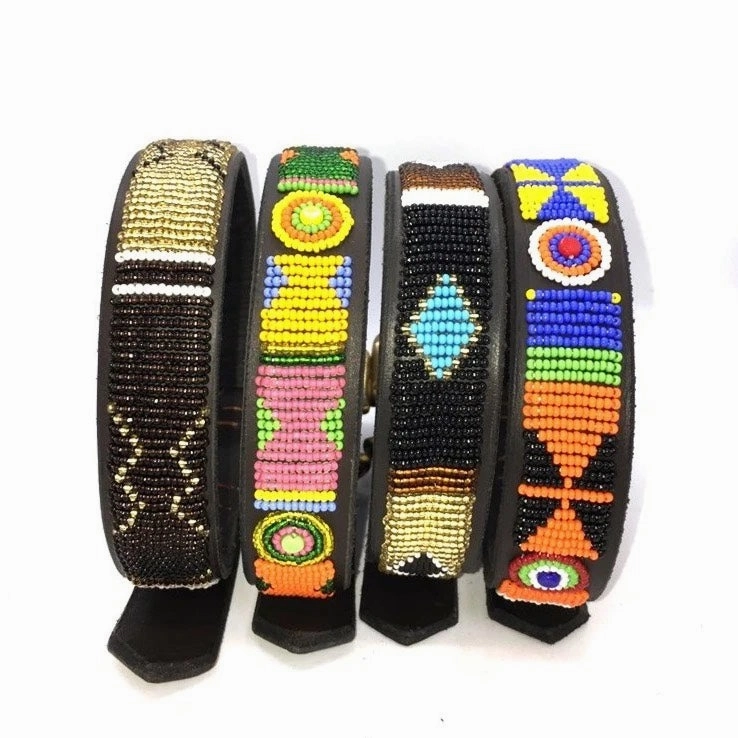 Luxury Masai Beaded Leather Dog Collars In Pastel