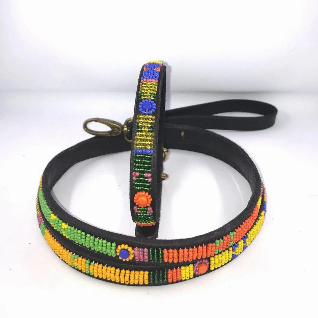 Luxury Masai Beaded Leather Dog Collars In Pastel