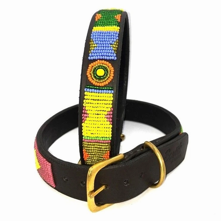 Luxury Masai Beaded Leather Dog Collars In Pastel