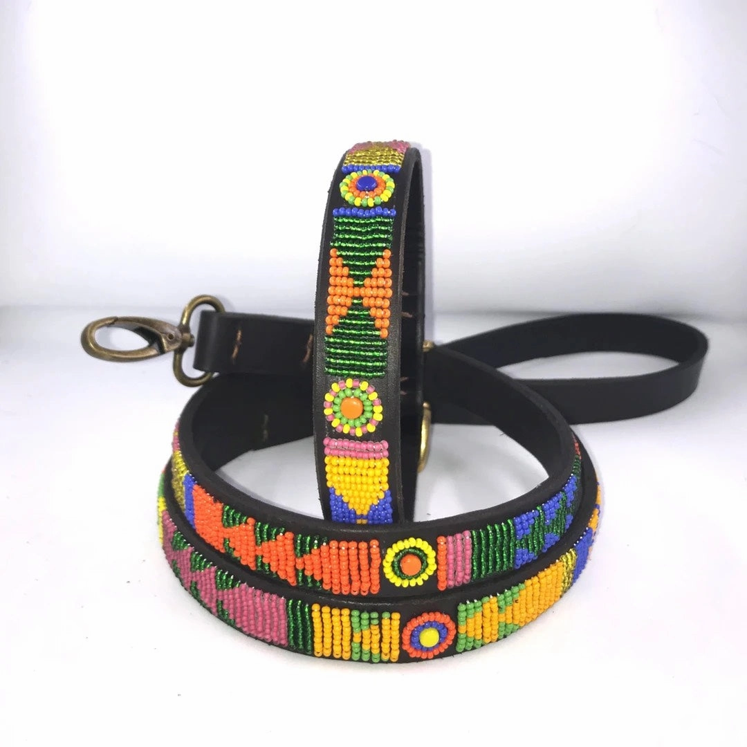 Luxury Masai Beaded Leather Dog Collars In Pastel