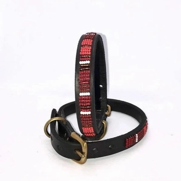Luxury Masai Beaded Leather Dog Collars In Red