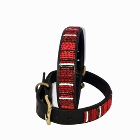 Luxury Masai Beaded Leather Dog Collars In Red