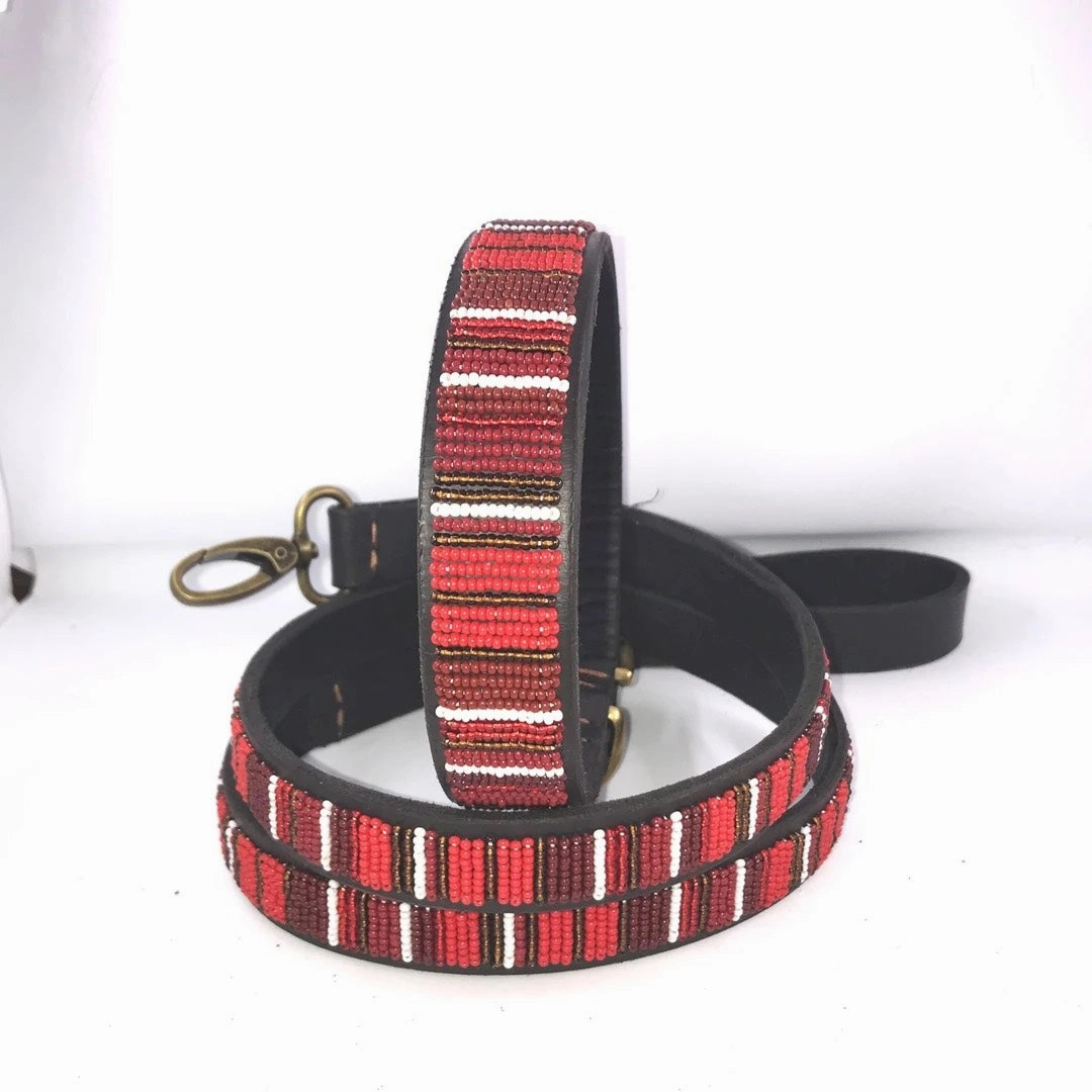 Luxury Masai Beaded Leather Dog Collars In Red
