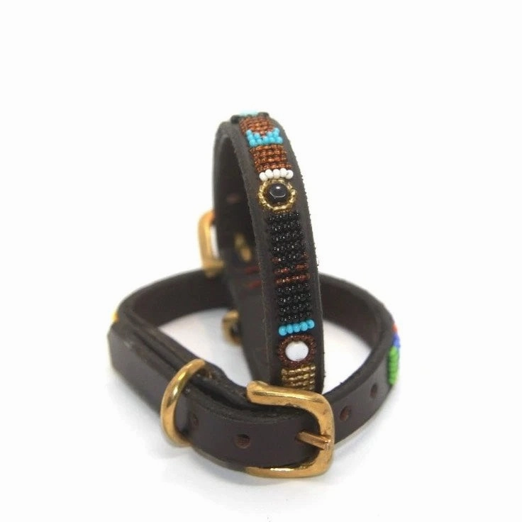 Luxury Masai Beaded Leather Dog Collars In Sky