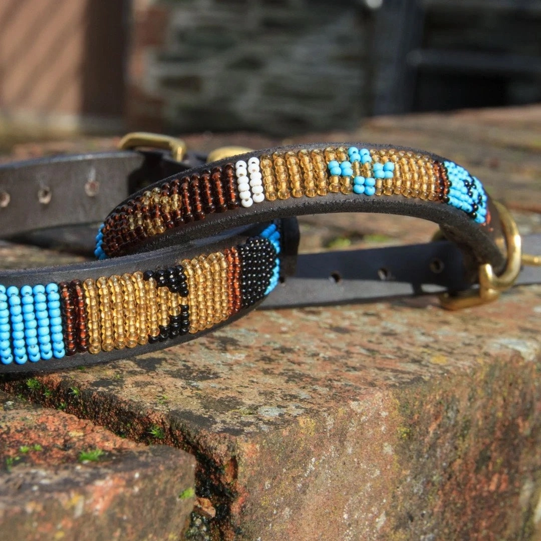 Luxury Masai Beaded Leather Dog Collars In Sky