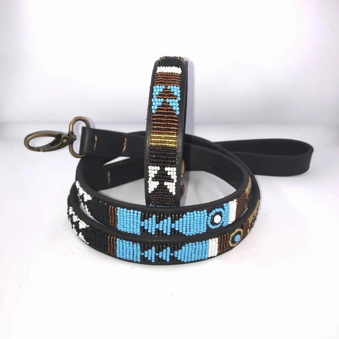 Luxury Masai Beaded Leather Dog Collars In Sky