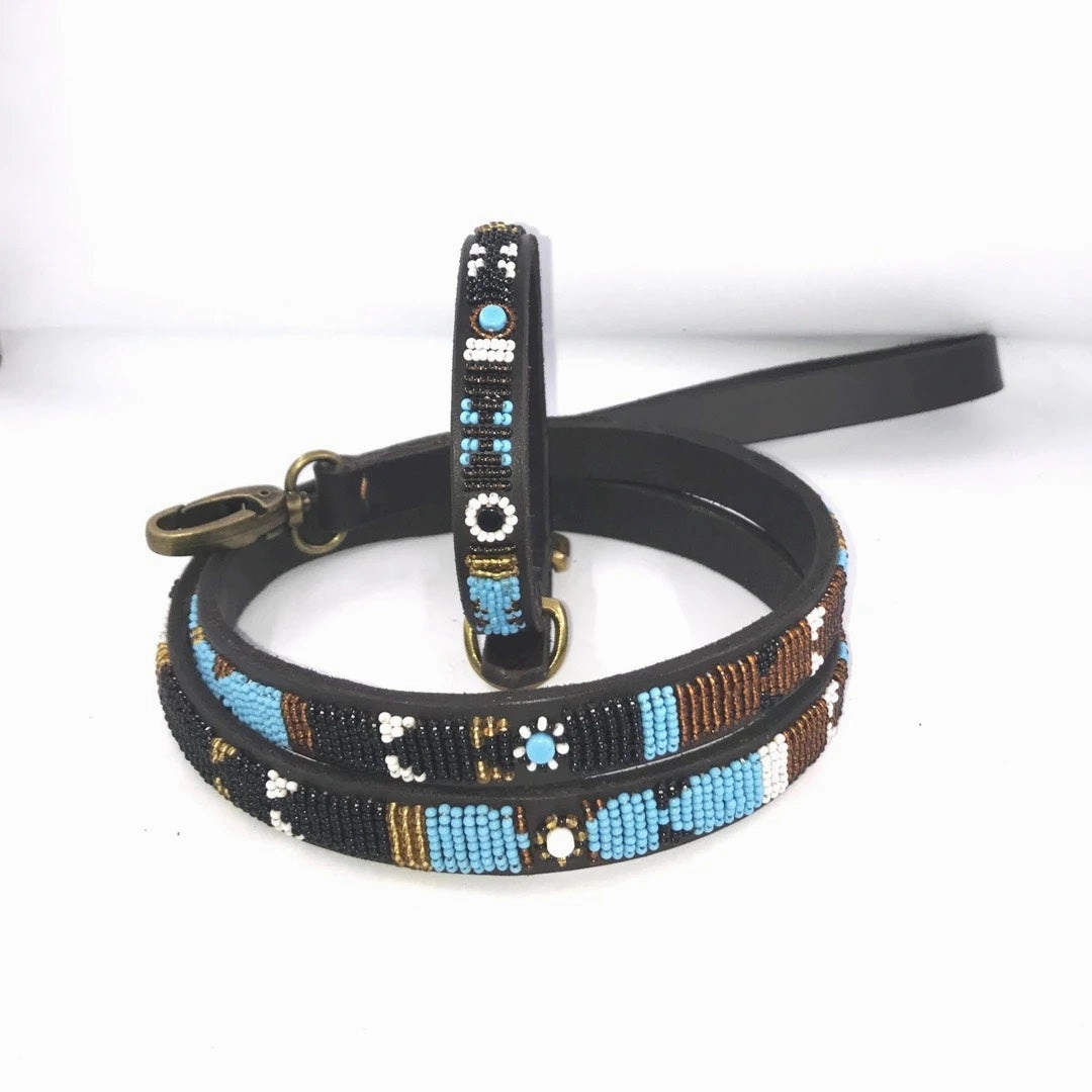 Luxury Masai Beaded Leather Dog Collars In Sky