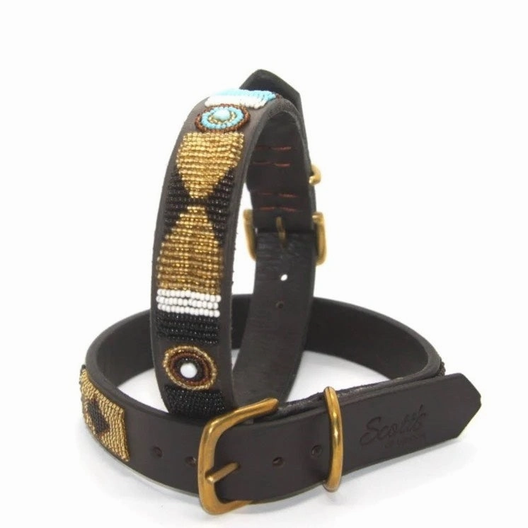 Luxury Masai Beaded Leather Dog Collars In Sky