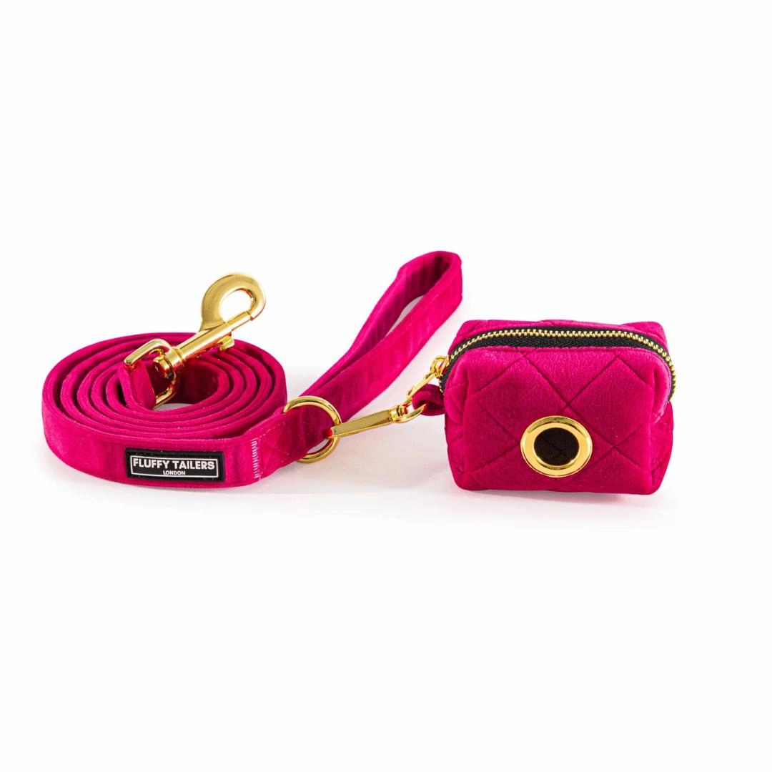 Luxury Pink Velvet Dog Lead and Matching Poo Bag Holder