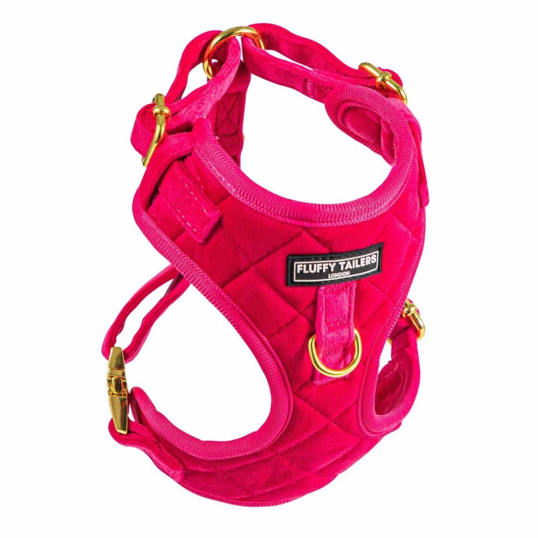 Luxury Pink Velvet Harness, Dog Collar And Bow Tie, Lead and Poo Bag Holder Complete Set
