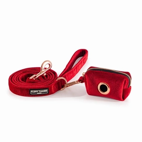 Luxury Red Velvet Dog Lead and Matching Poo Bag Holder