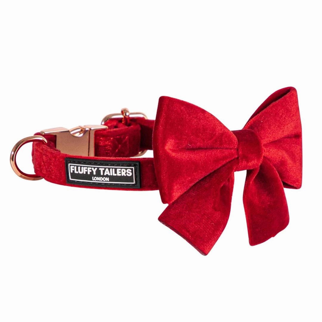 Luxury Red Velvet Harness, Dog Collar And Bow Tie Set