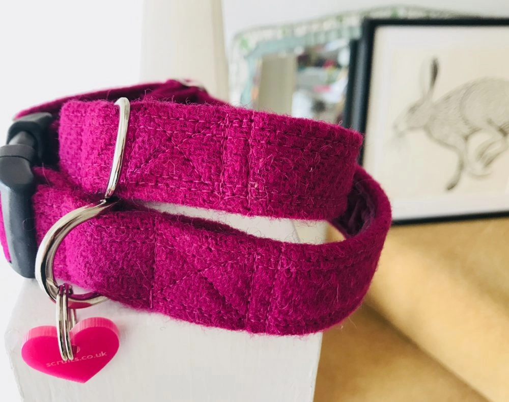 Madge Fuchsia Velvet Lined Harris Tweed Designer Dog Collar