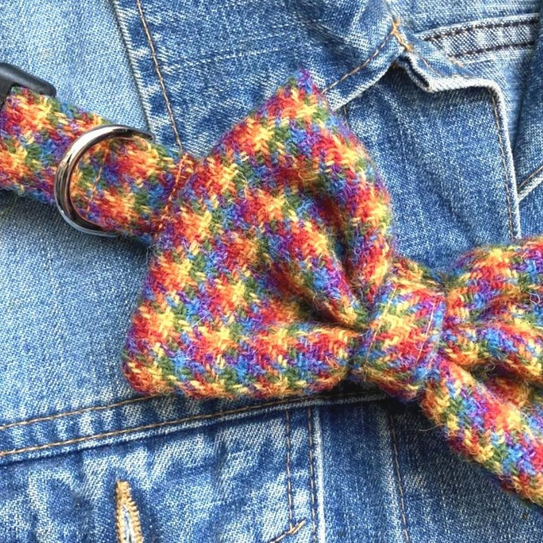 McJoy Rainbow Harris Tweed Dog Collar With Detachable Bow Tie
