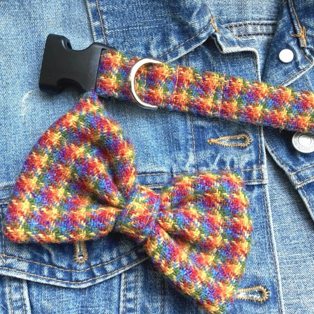McJoy Rainbow Harris Tweed Dog Collar With Detachable Bow Tie