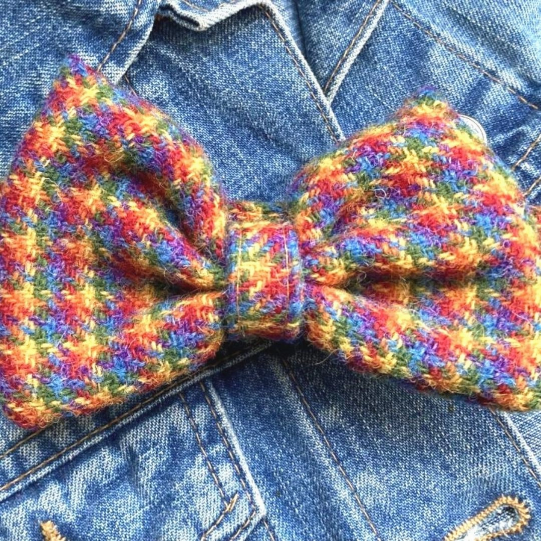 McJoy Rainbow Harris Tweed Dog Collar With Detachable Bow Tie