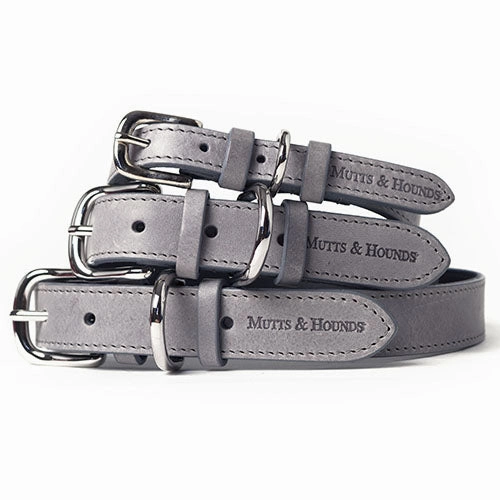 Mutts and Hounds Grey Leather Dog Collar and Lead Set