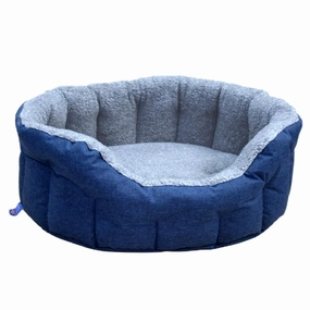 P&L Navy Blue With Silver Fleece Oval Dog Bed