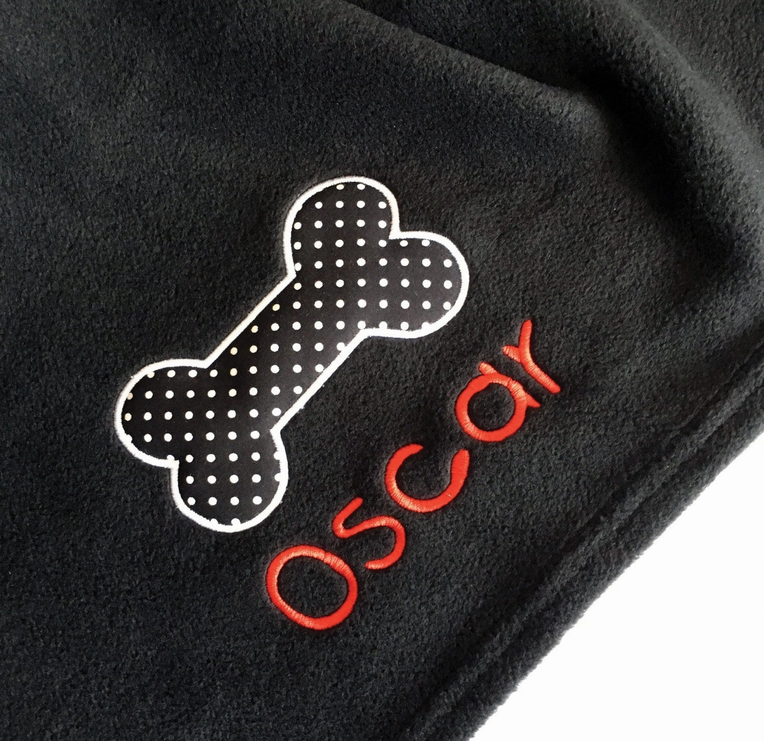 Personalised Black Dog Blanket with Appliqu?? Polka Dot Bone
